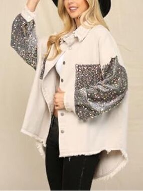PinchMe Ivory Shacket with Sequin Puff Sleeves